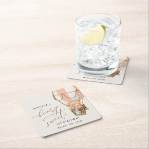 Porta-copo De Papel Quadrado Urso de Teddy, Balão de Ar Quente Rosa, Primeiro A