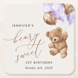 Porta-copo De Papel Quadrado Urso de Teddy, Balões Roxos, Primeiro Aniversário