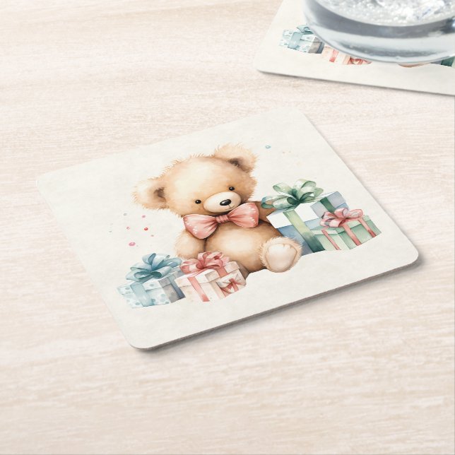 Porta-copo De Papel Quadrado Urso de Teddy Bonito com Presentes de Natal (Inclinado)
