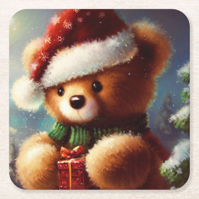 Porta-copo De Papel Quadrado Urso de Teddy de Natal 2 (Frente)