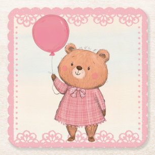 Porta-copo De Papel Quadrado Urso de Vestimento da Margem Rosa com Balão Rosa
