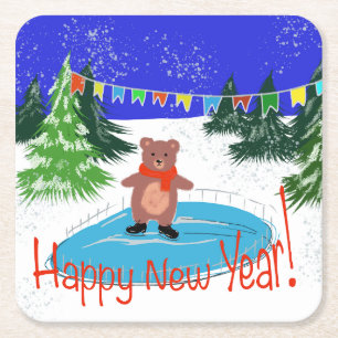 Porta-copo De Papel Quadrado Urso engraçado nos skates de inverno