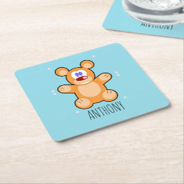 Porta-copo De Papel Quadrado Urso marrom, monograma, de pelúcia azul