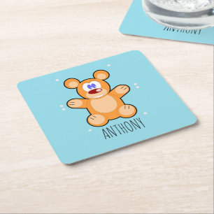Porta-copo De Papel Quadrado Urso marrom, monograma, de pelúcia azul