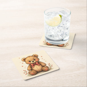 Porta-copo De Papel Quadrado Urso marrom pequeno e fofo com gravata