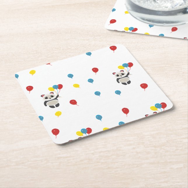 Porta-copo De Papel Quadrado Urso-Panda com balões brancos (Inclinado)