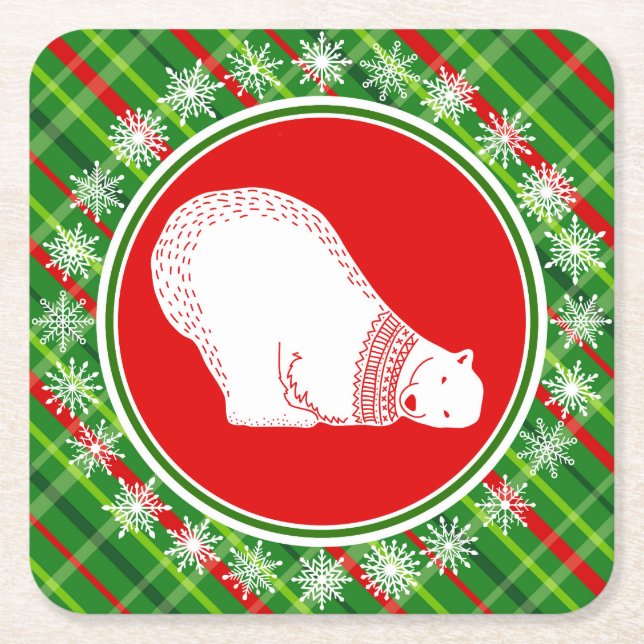 Porta-copo De Papel Quadrado Urso Polar Bonito Xadrez Vermelha Verde de Natal (Frente)