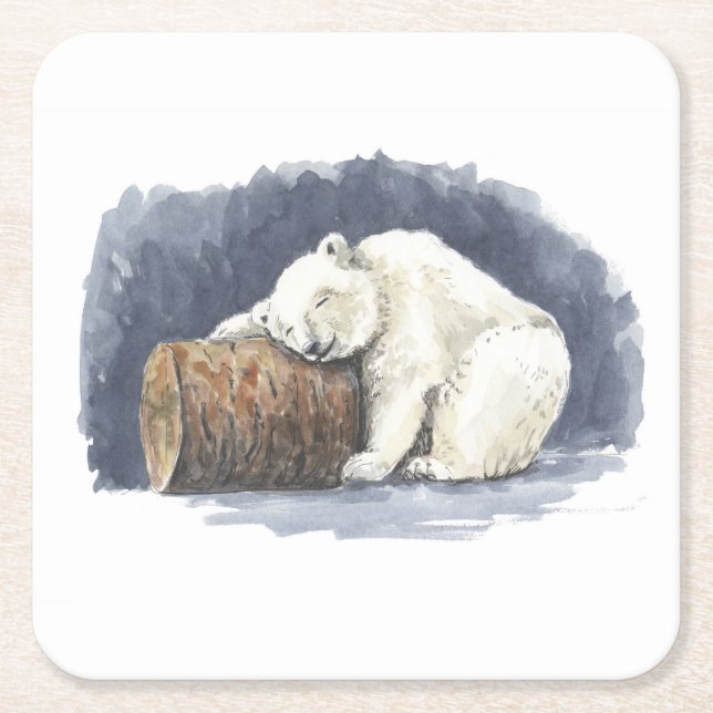 Porta-copo De Papel Quadrado Urso polar dormindo, arte aquarela (Frente)