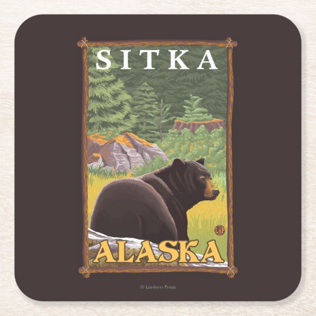 Porta-copo De Papel Quadrado Urso preto na floresta - Sitka, Alaska (Frente)