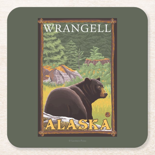 Porta-copo De Papel Quadrado Urso preto na floresta - Wrangell, Alaska (Frente)