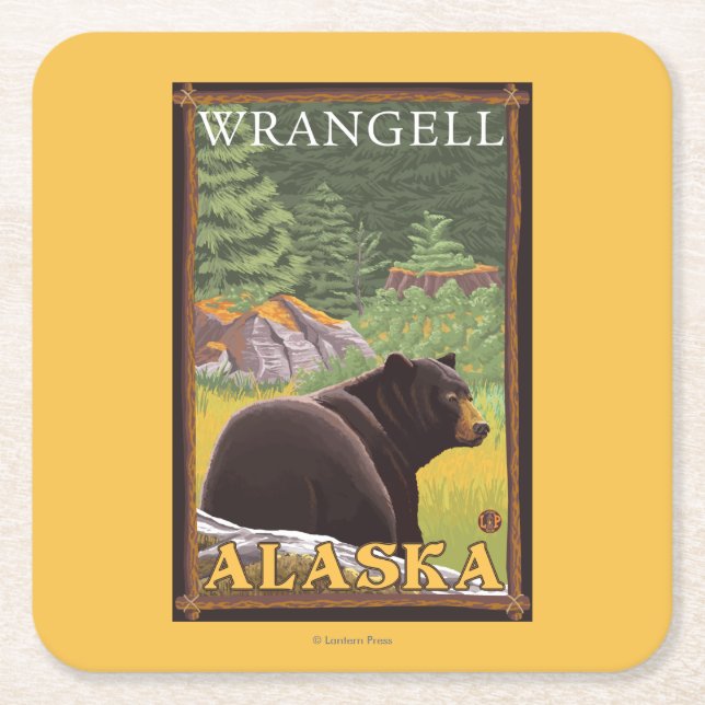 Porta-copo De Papel Quadrado Urso preto na floresta - Wrangell, Alaska (Frente)