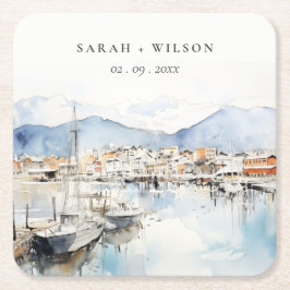 Porta-copo De Papel Quadrado Ushuaia, Argentina Watercolor Landscape Wedding