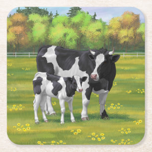 Porta-copo De Papel Quadrado Vaca Holstein e Vitelo Fresco na Pastagem de Verão