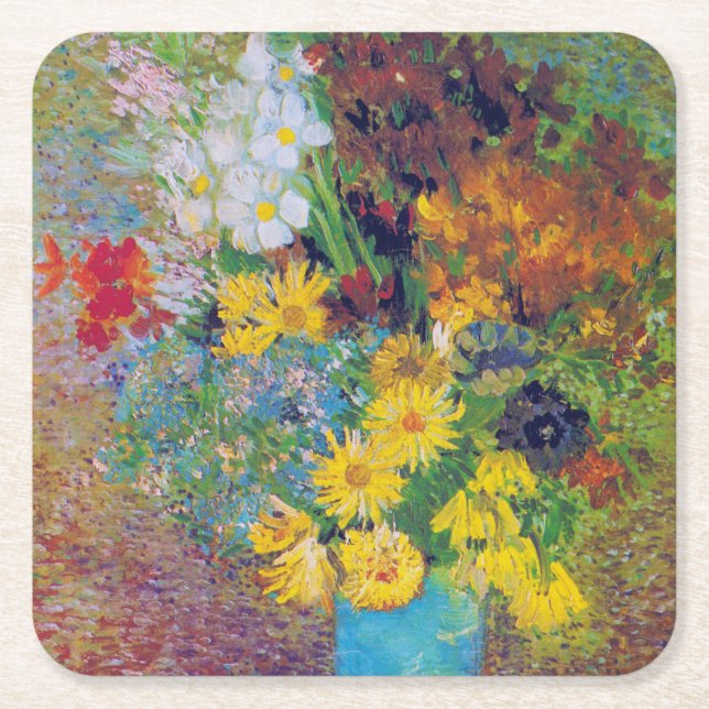 Porta-copo De Papel Quadrado Vase com margaridas e anêmonas, Van Gogh (Frente)
