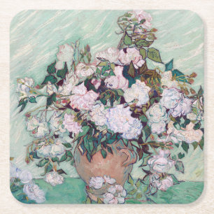 Porta-copo De Papel Quadrado Vase com Rosas Rosa, Van Gogh