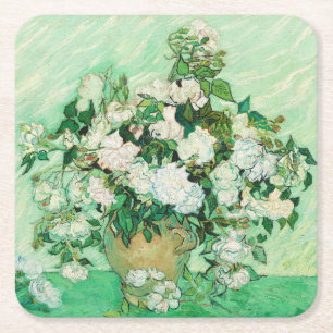 Porta-copo De Papel Quadrado Vaso com Rosas Cor-de-Rosa, Vincent Van Gogh