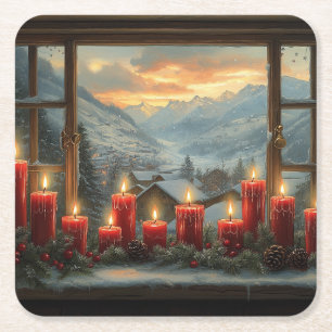 Porta-copo De Papel Quadrado Velas de Natal Vermelhas Pinhas Natalinas Belo Inv