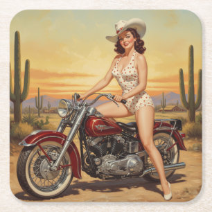 Porta-copo De Papel Quadrado Velha escola, Retro Pin-up Girl na moto