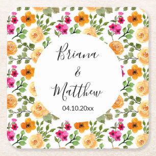 Porta-copo De Papel Quadrado Verão Floral Laranja Rosa
