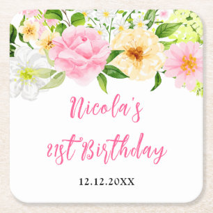 Porta-copo De Papel Quadrado Verão Rosa e Amarelo Floral Aniversário