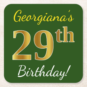 Porta-copo De Papel Quadrado Verde, Faux Dourado 29º Aniversário + Nome Persona