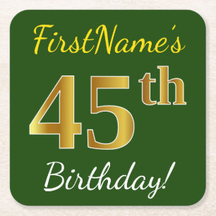 Porta-copo De Papel Quadrado Verde, Faux Dourado 45º Aniversário + Nome Perso