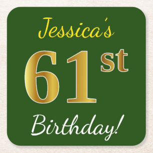 Porta-copo De Papel Quadrado Verde, Faux Dourado 61 ruas Aniversário + Nome Pe