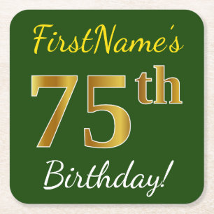 Porta-copo De Papel Quadrado Verde, Faux Dourado 75.º aniversário + nome pers