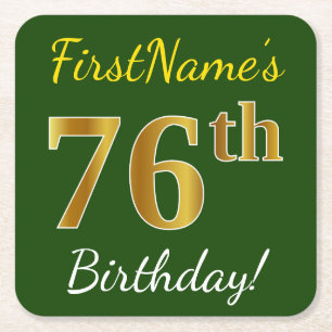 Porta-copo De Papel Quadrado Verde, Faux Dourado 76º Aniversário + Nome Perso
