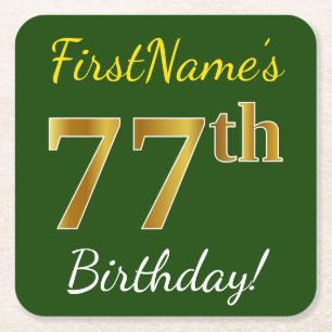 Porta-copo De Papel Quadrado Verde, Faux Dourado 77º aniversário + Nome Perso