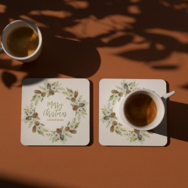 Porta-copo De Papel Quadrado Verde Floral Pinheiros Fresco Natal 2 (Criador carregado)