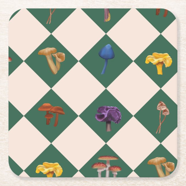 Porta-copo De Papel Quadrado Verde simples com cogumelos (Frente)