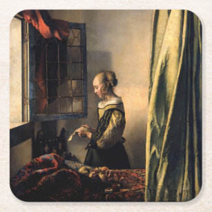Porta-copo De Papel Quadrado Vermeer - Rapariga lendo uma carta em uma janela a