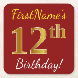 Porta-copo De Papel Quadrado Vermelho, Faux Dourado 12 Birthday + nome personal