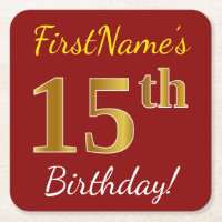Vermelho, Faux Dourado 15 Birthday + nome personal