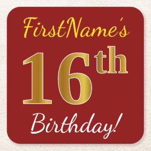 Porta-copo De Papel Quadrado Vermelho, Faux Dourado 16.º Aniversário + Nome P