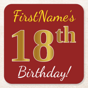 Porta-copo De Papel Quadrado Vermelho, Faux Dourado 18º Aniversário + Nome Pe