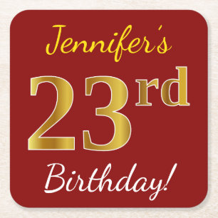 Porta-copo De Papel Quadrado Vermelho, Faux Dourado 23º Aniversário + Nome Pers