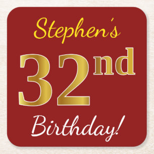 Porta-copo De Papel Quadrado Vermelho, Faux Dourado 32º Aniversário + Nome Pers