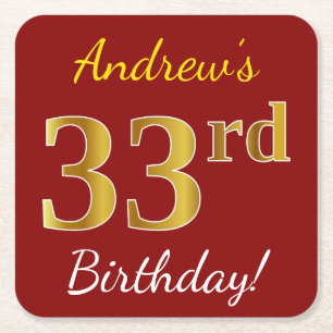 Porta-copo De Papel Quadrado Vermelho, Faux Dourado 33º Aniversário + Nome Pers