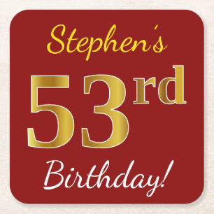 Porta-copo De Papel Quadrado Vermelho, Faux Dourado 53º Aniversário + Nome Pers