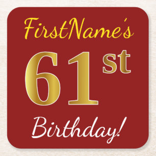 Porta-copo De Papel Quadrado Vermelho, Faux Dourado 61 ruas Aniversário + Nome