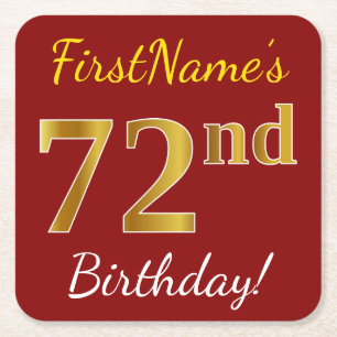 Porta-copo De Papel Quadrado Vermelho, Faux Dourado 72º Aniversário + Nome Pe