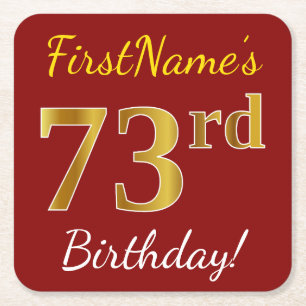 Porta-copo De Papel Quadrado Vermelho, Faux Dourado 73º Aniversário + Nome Pe
