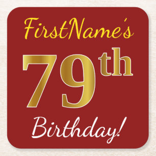 Porta-copo De Papel Quadrado Vermelho, Faux Dourado 79 Aniversário + Nome Pers