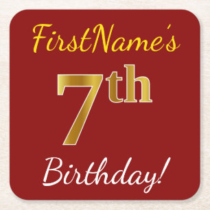 Porta-copo De Papel Quadrado Vermelho, Faux Dourado 7 Birthday + nome personali