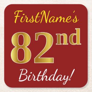 Porta-copo De Papel Quadrado Vermelho, Faux Dourado 82º Aniversário + Nome Pe