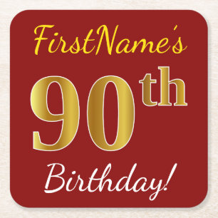 Porta-copo De Papel Quadrado Vermelho, Faux Dourado 90 Birthday + nome personal