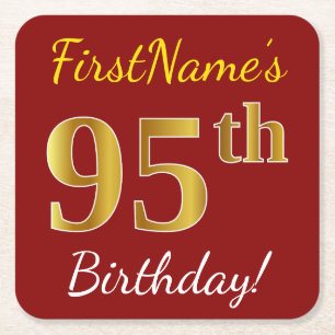 Porta-copo De Papel Quadrado Vermelho, Faux Dourado 95º Aniversário + Nome Pe