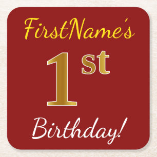 Porta-copo De Papel Quadrado Vermelho, Faux Dourado primeiro aniversario + Nome